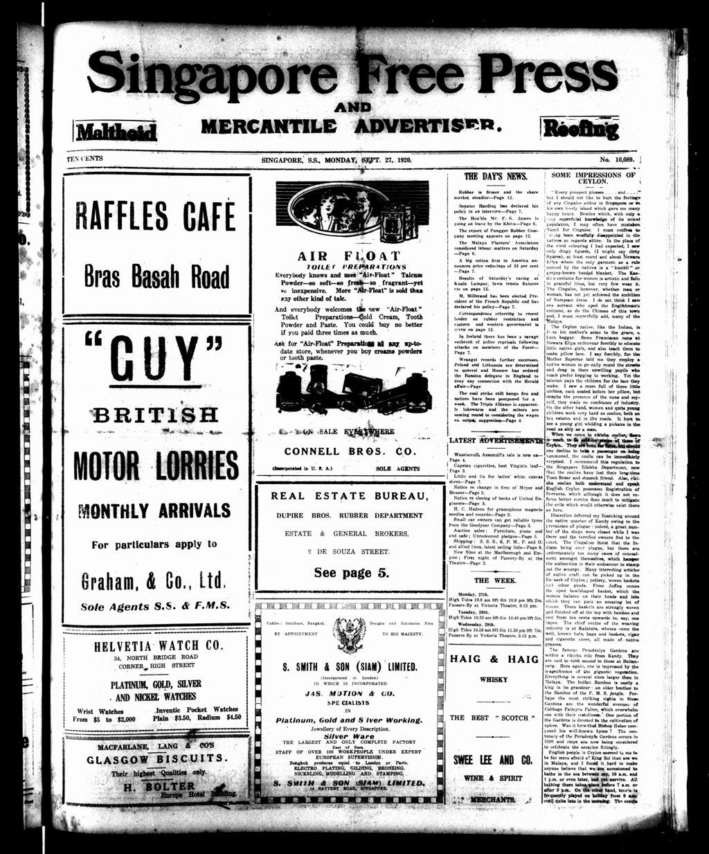 Miniature of Singapore Free Press and Mercantile Advertiser 27 September 1920