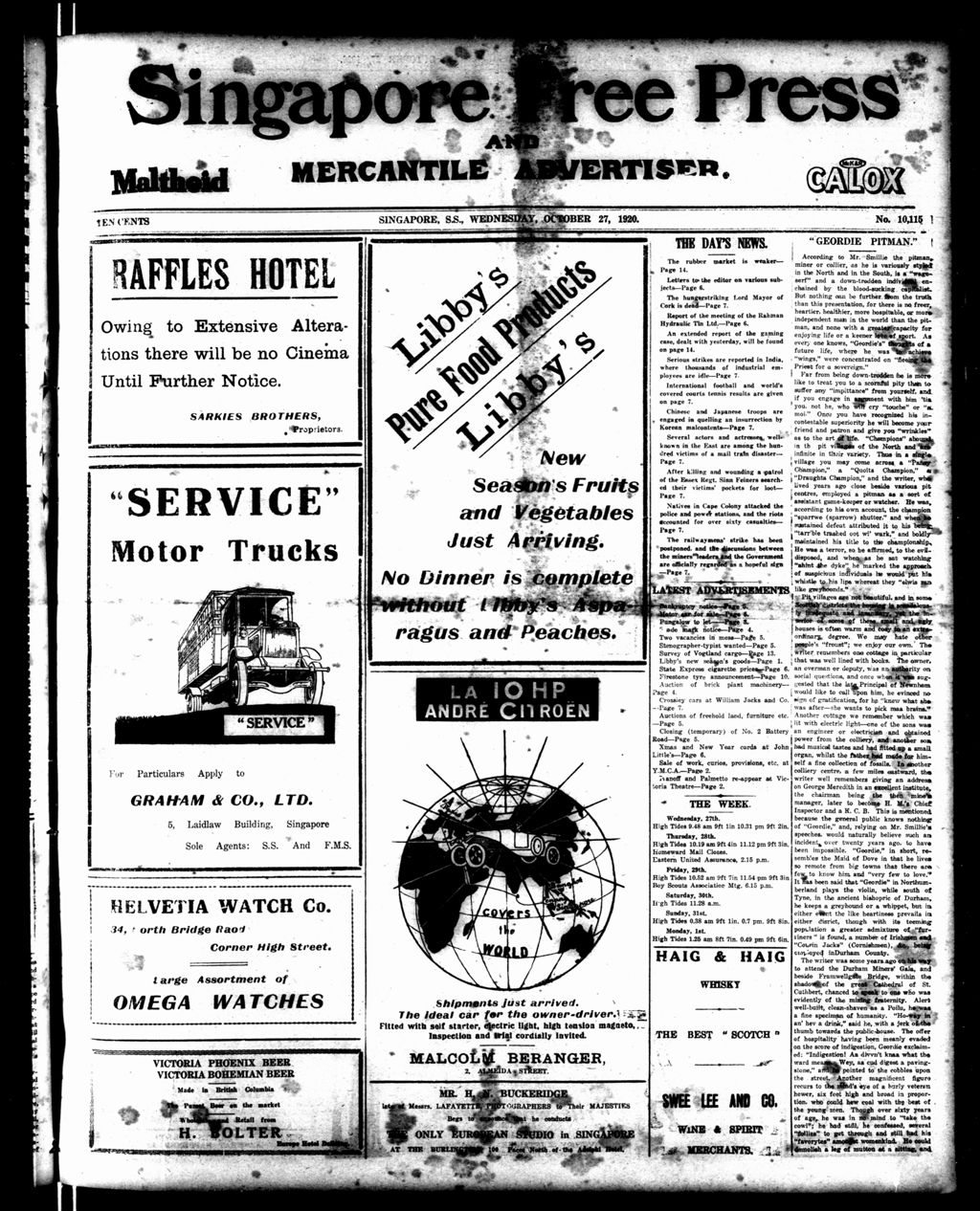 Miniature of Singapore Free Press and Mercantile Advertiser 27 October 1920