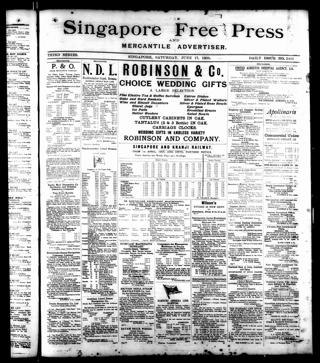 Miniature of Singapore Free Press and Mercantile Advertiser 17 June 1905