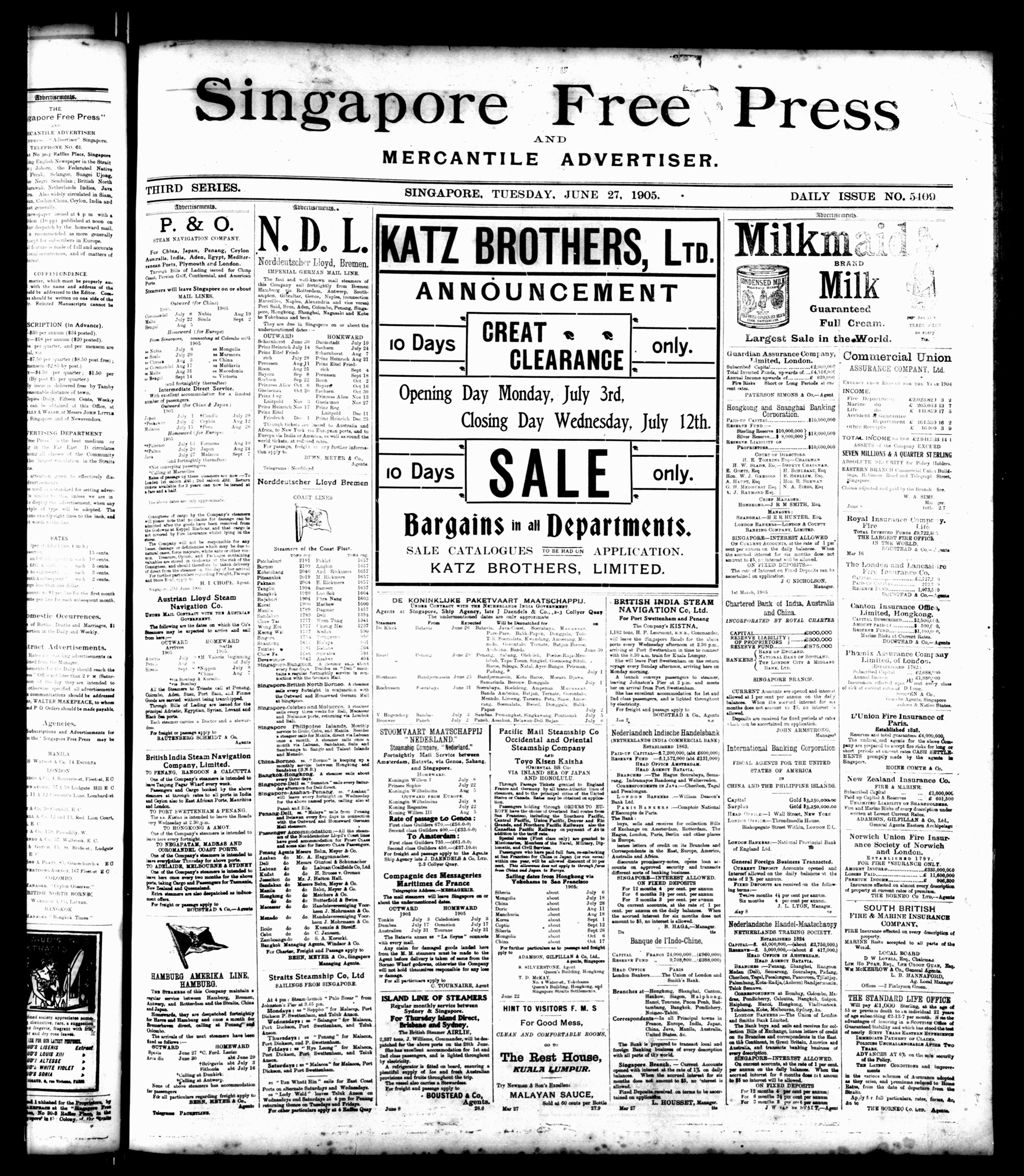 Miniature of Singapore Free Press and Mercantile Advertiser 27 June 1905