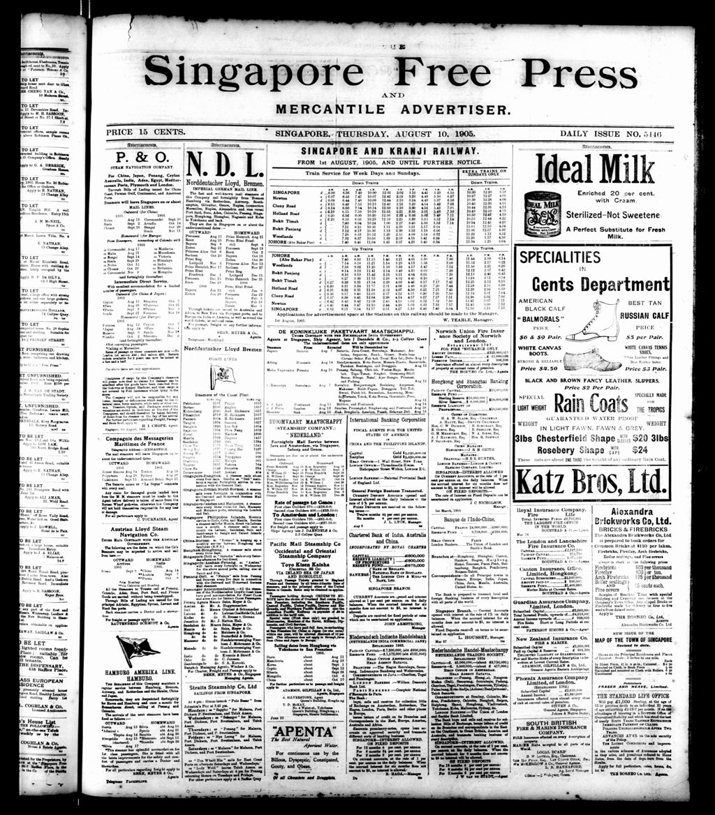 Miniature of Singapore Free Press and Mercantile Advertiser 10 August 1905