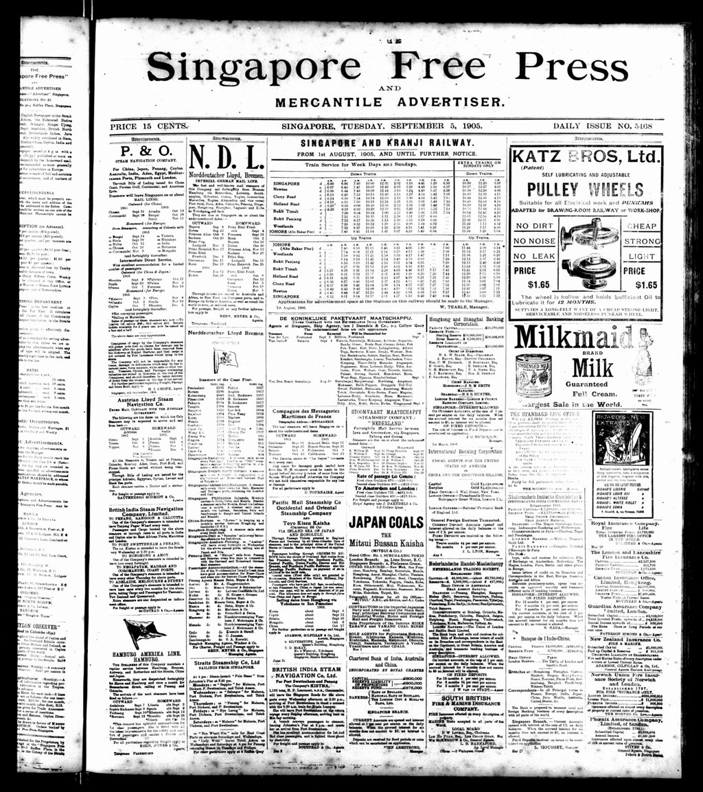 Miniature of Singapore Free Press and Mercantile Advertiser 05 September 1905