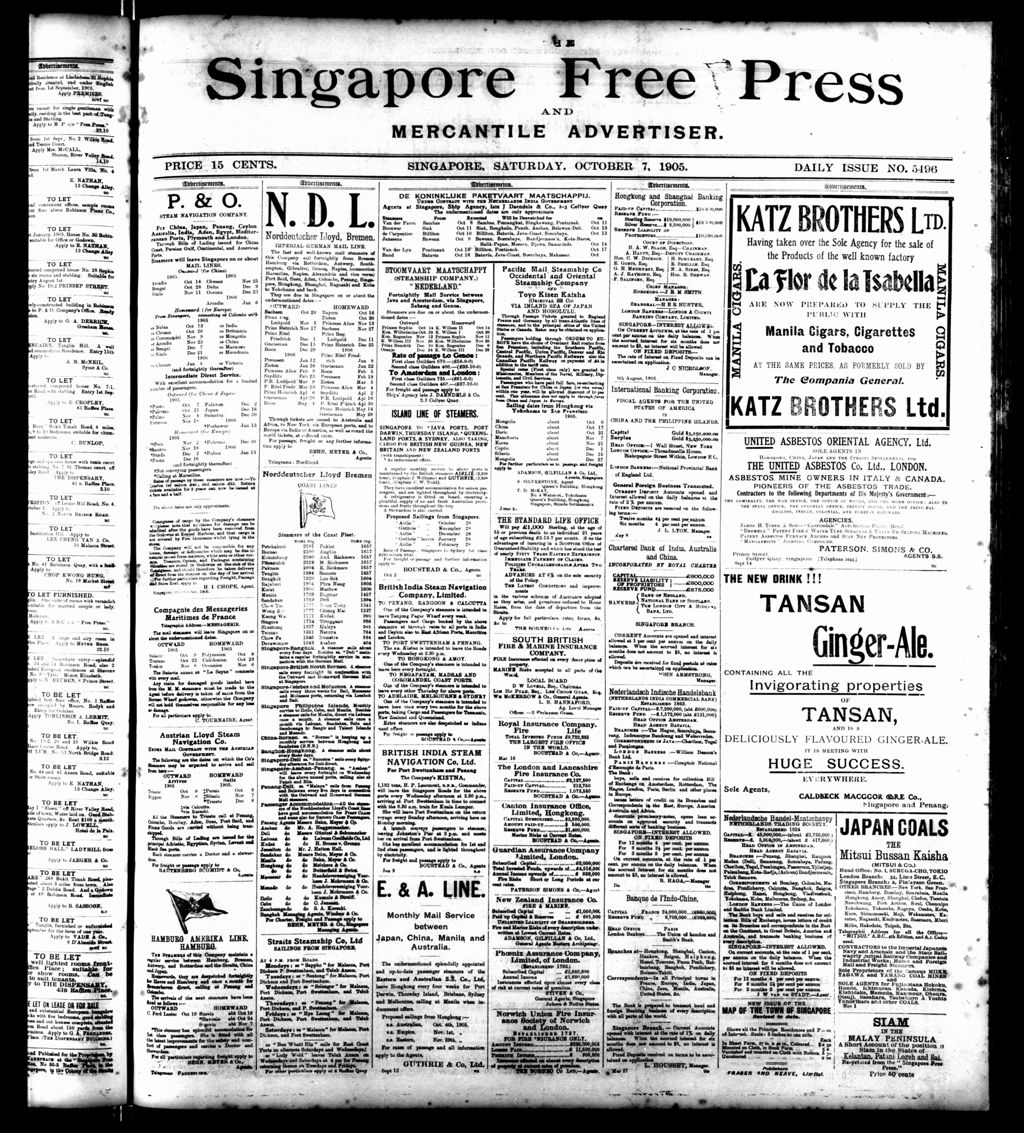 Miniature of Singapore Free Press and Mercantile Advertiser 07 October 1905