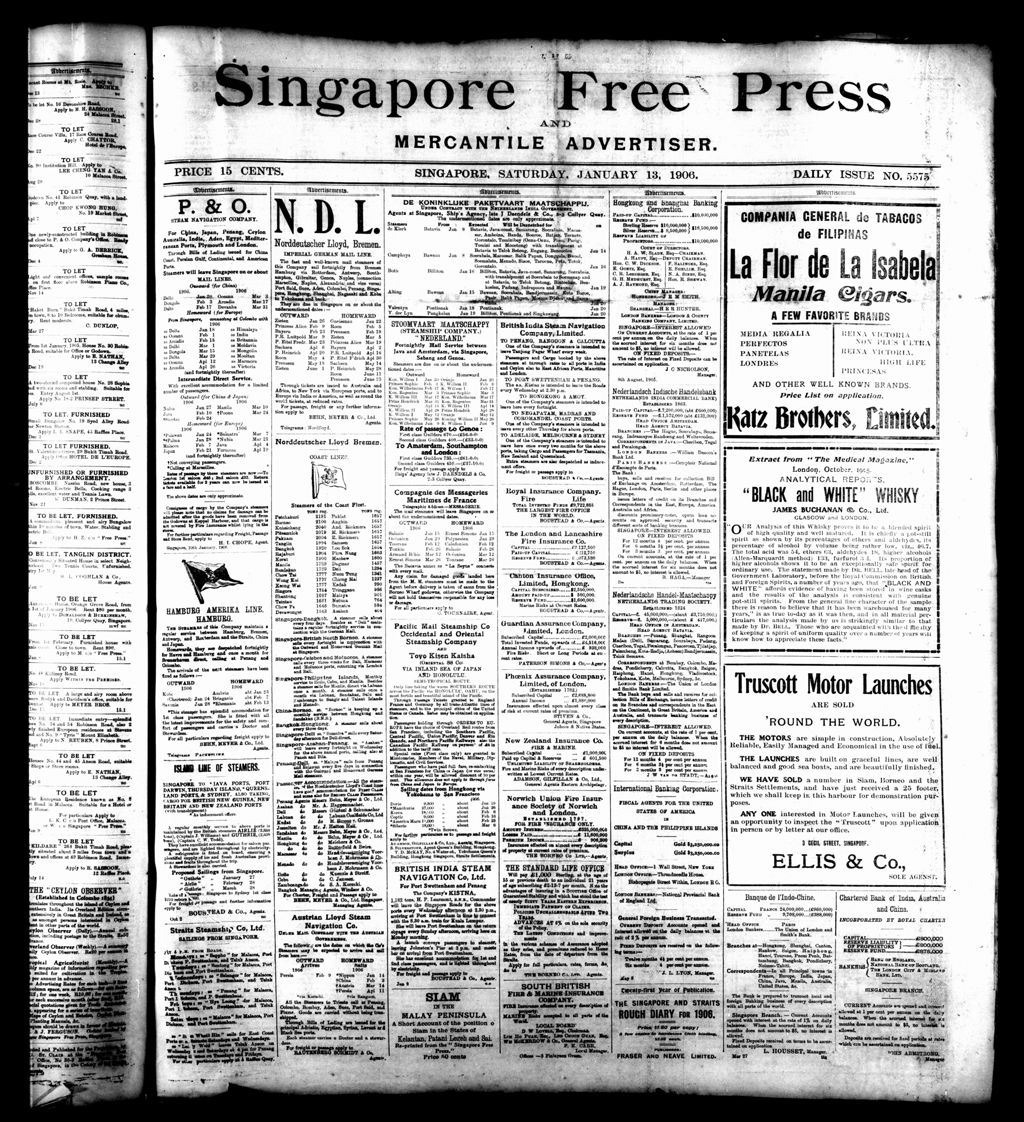 Miniature of Singapore Free Press and Mercantile Advertiser 13 January 1906