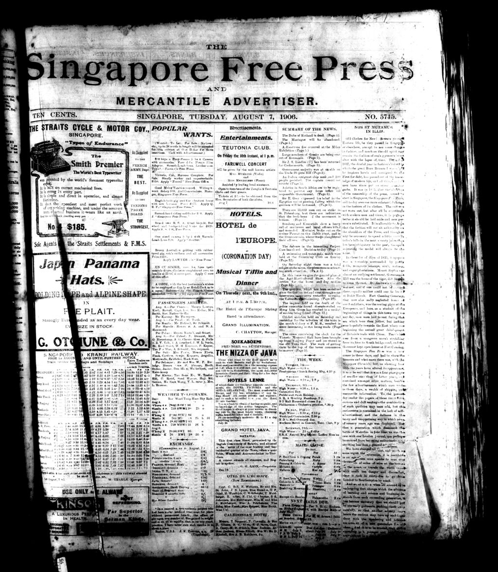 Miniature of Singapore Free Press and Mercantile Advertiser 07 August 1906