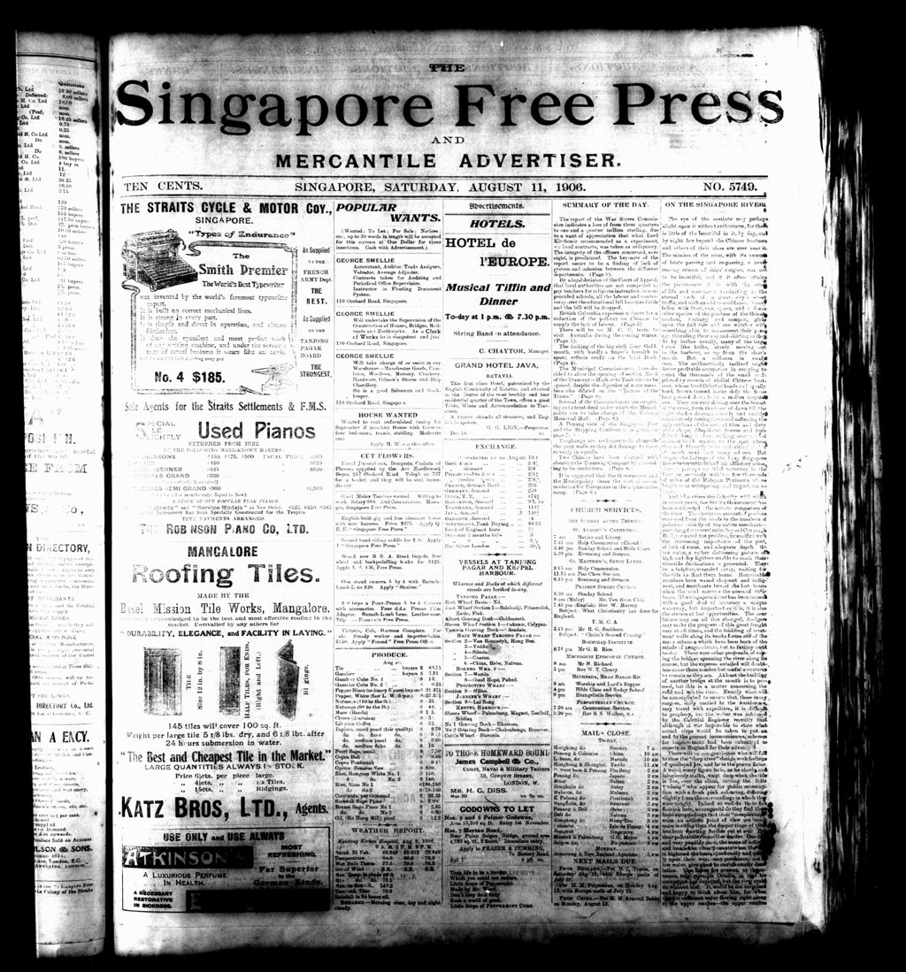 Miniature of Singapore Free Press and Mercantile Advertiser 11 August 1906