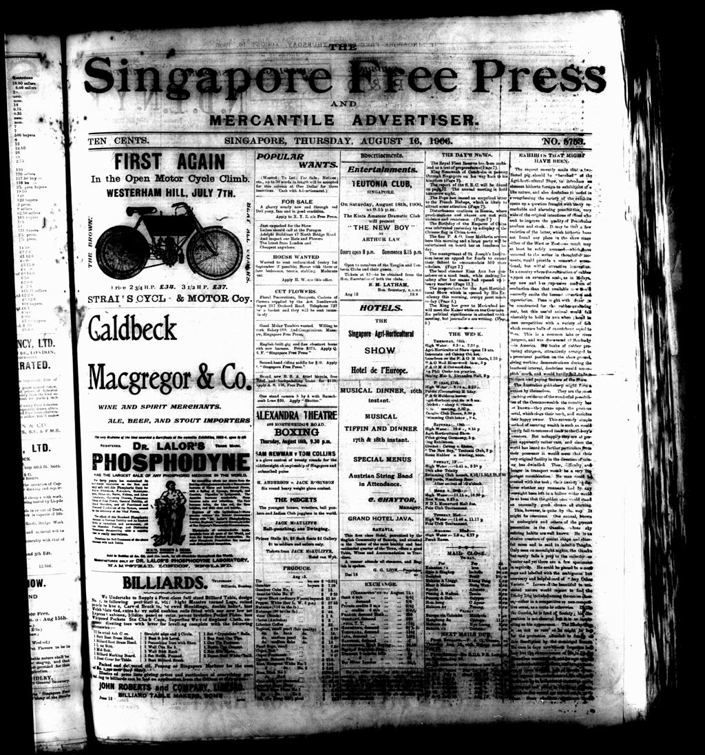 Miniature of Singapore Free Press and Mercantile Advertiser 16 August 1906