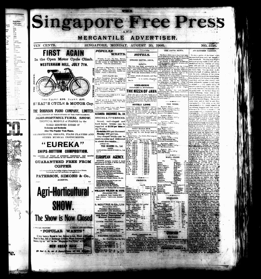 Miniature of Singapore Free Press and Mercantile Advertiser 20 August 1906