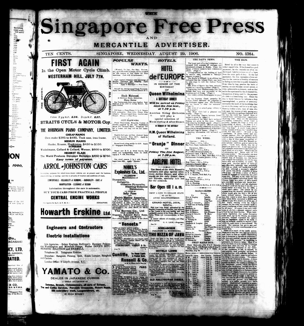 Miniature of Singapore Free Press and Mercantile Advertiser 29 August 1906