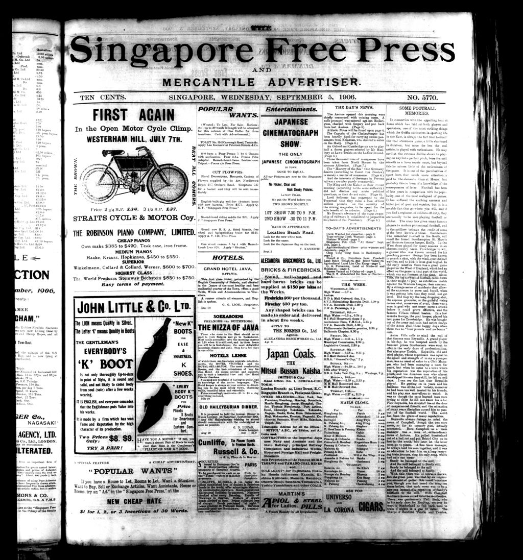 Miniature of Singapore Free Press and Mercantile Advertiser 05 September 1906