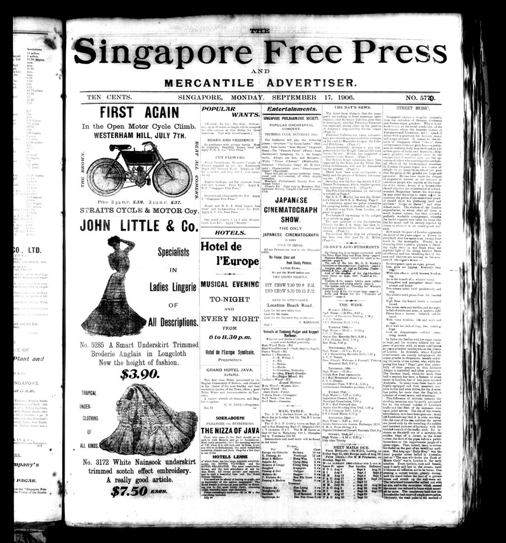 Miniature of Singapore Free Press and Mercantile Advertiser 17 September 1906