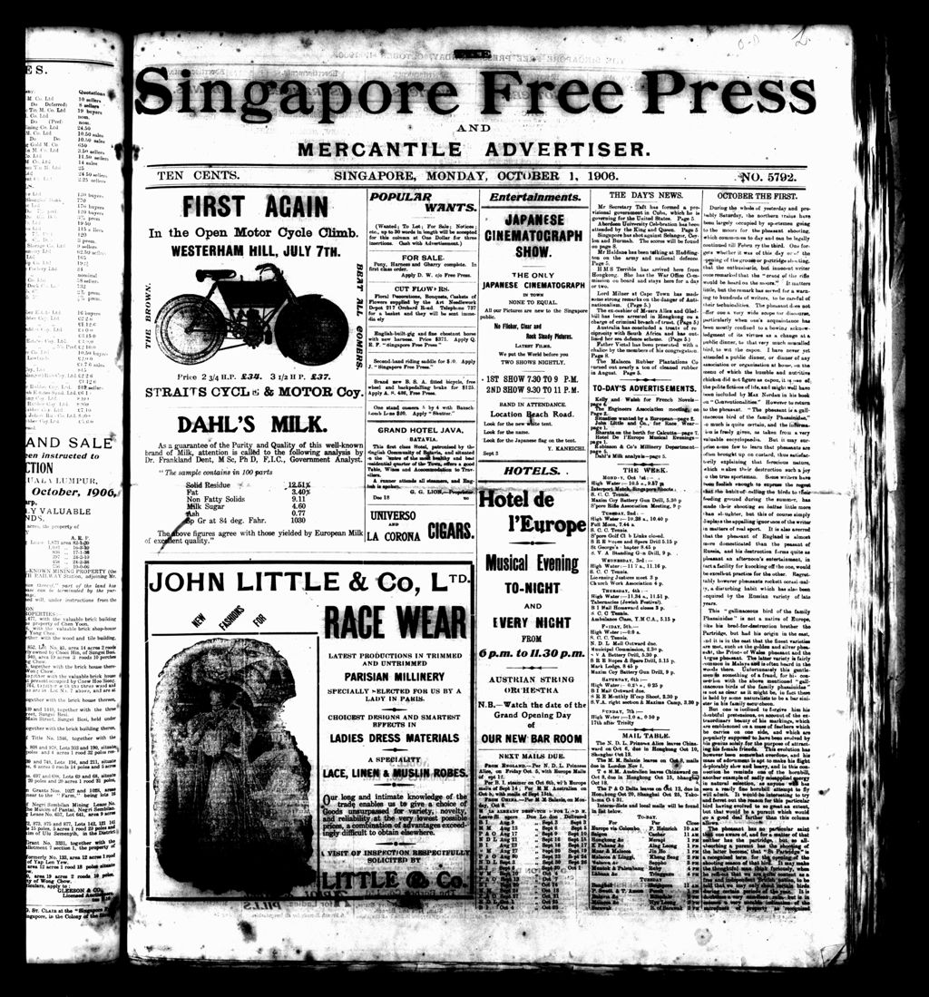 Miniature of Singapore Free Press and Mercantile Advertiser 01 October 1906