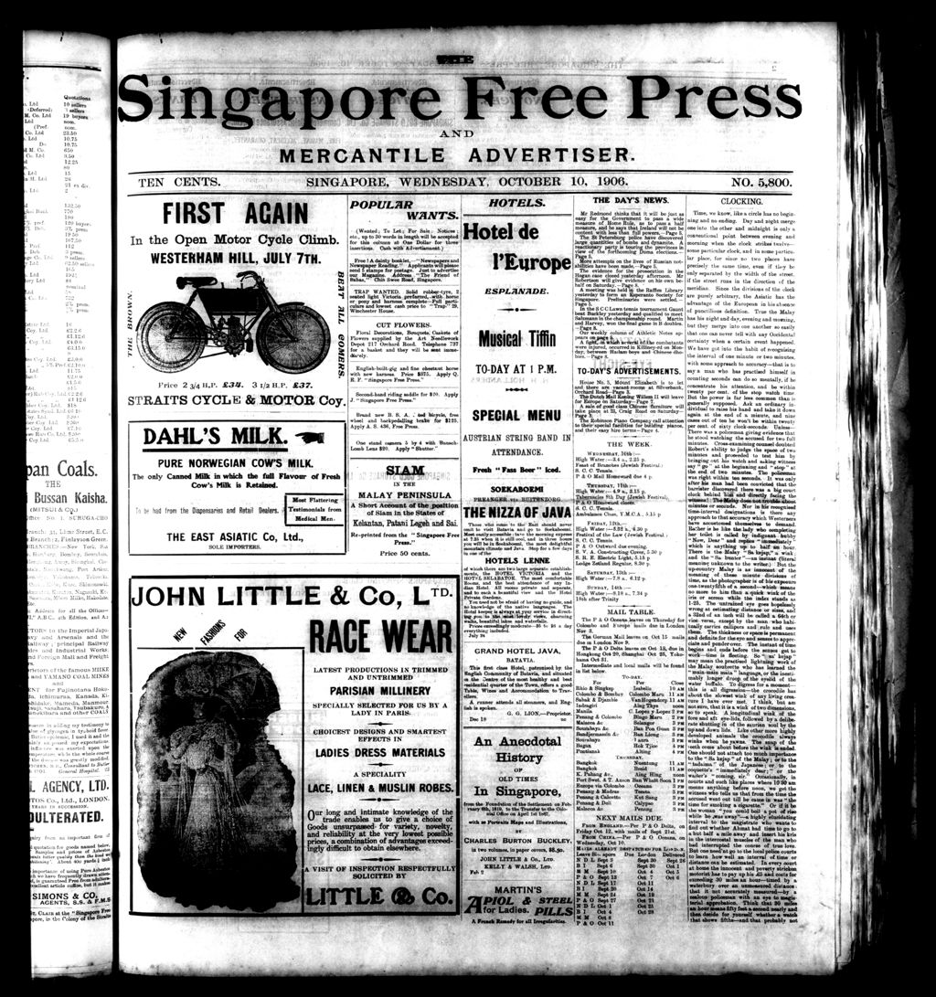 Miniature of Singapore Free Press and Mercantile Advertiser 10 October 1906