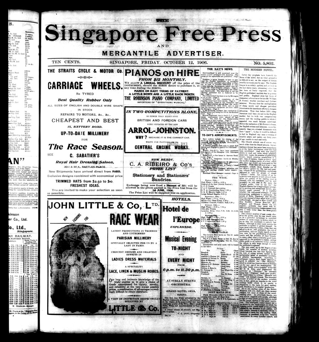 Miniature of Singapore Free Press and Mercantile Advertiser 12 October 1906