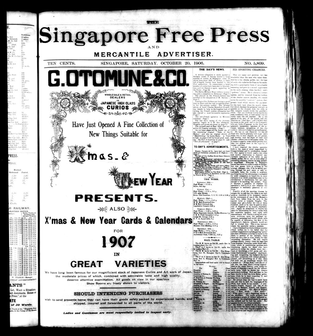 Miniature of Singapore Free Press and Mercantile Advertiser 20 October 1906