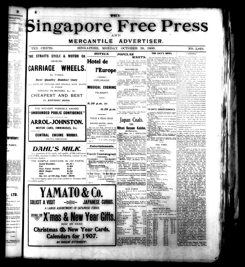 Miniature of Singapore Free Press and Mercantile Advertiser 29 October 1906