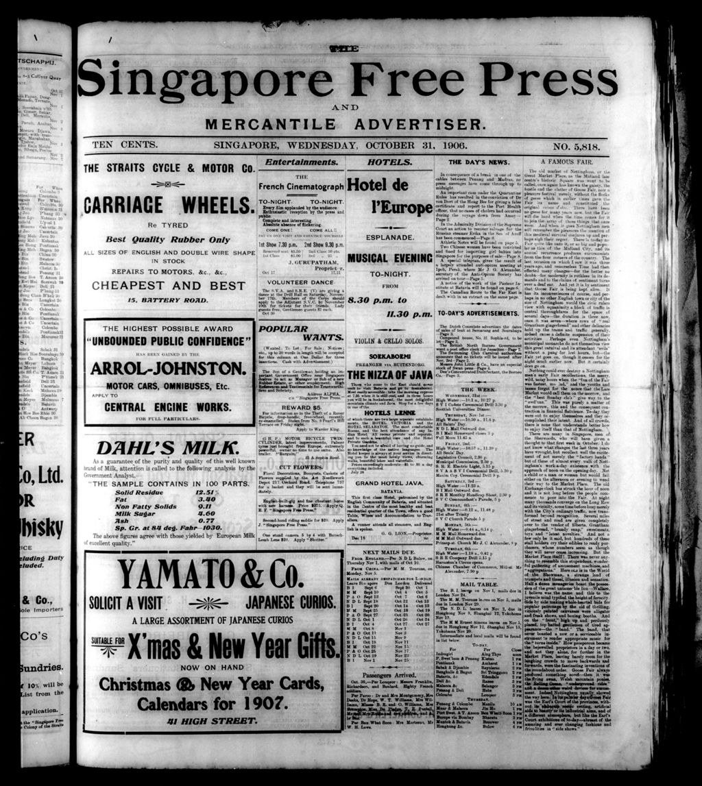 Miniature of Singapore Free Press and Mercantile Advertiser 31 October 1906