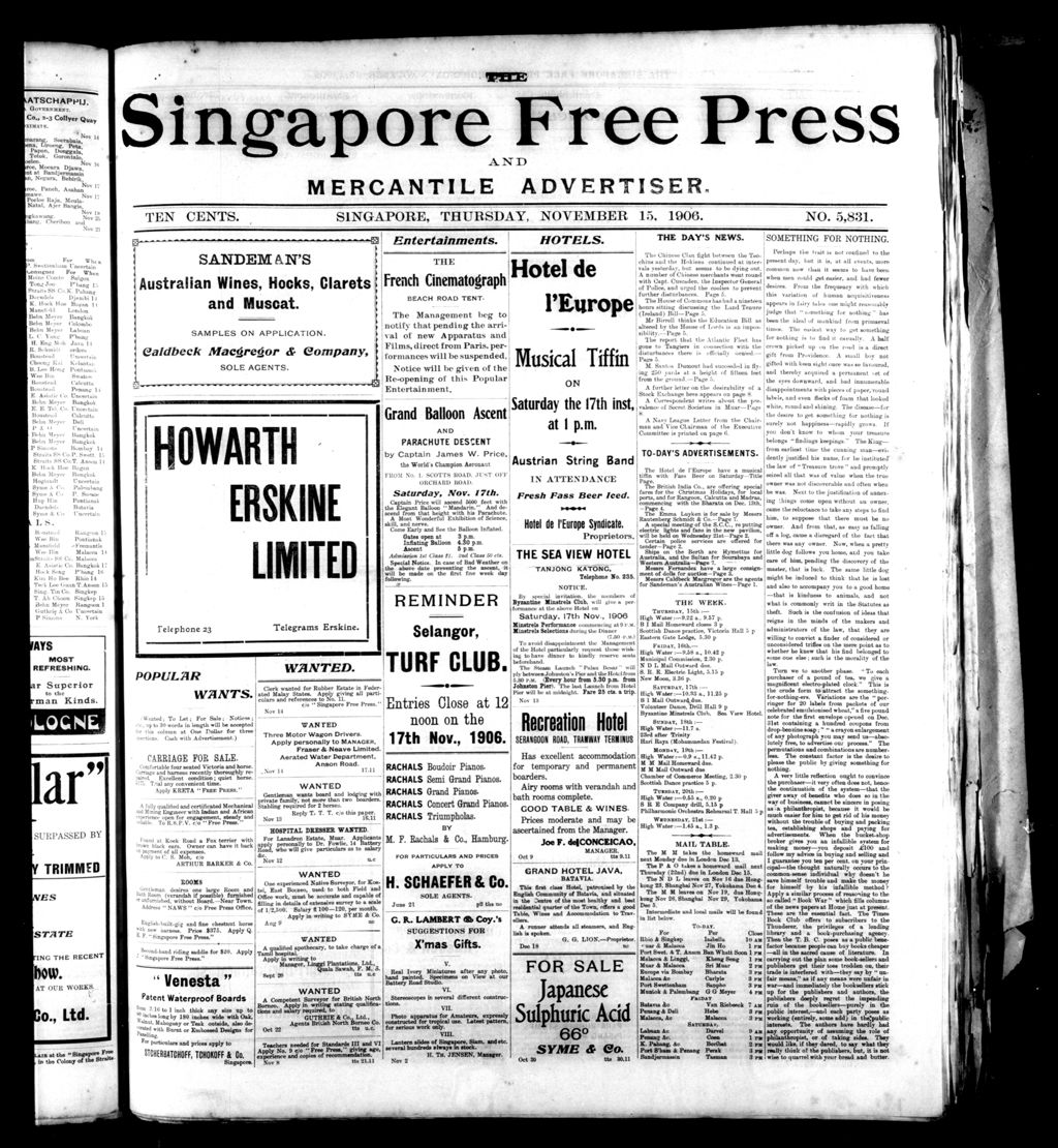 Miniature of Singapore Free Press and Mercantile Advertiser 15 November 1906