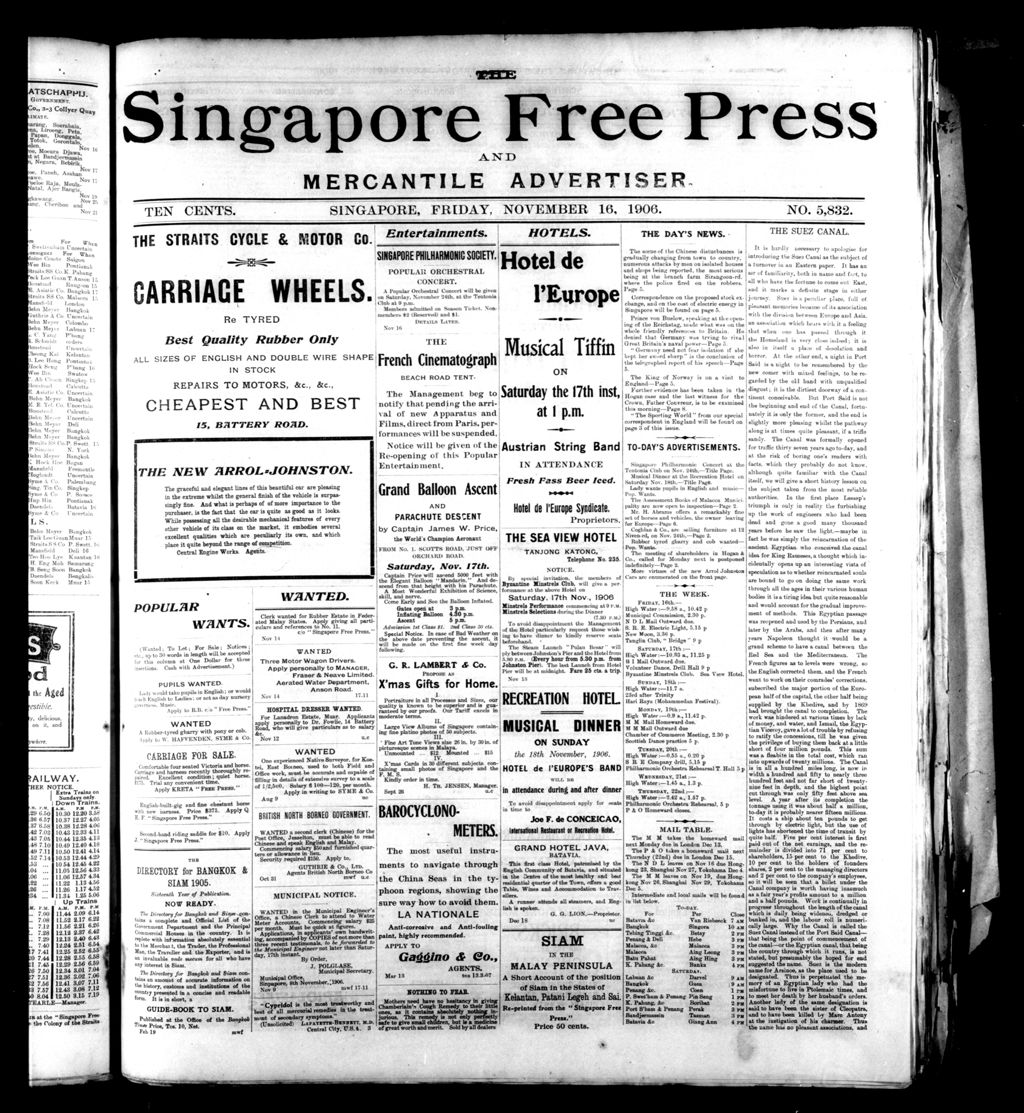 Miniature of Singapore Free Press and Mercantile Advertiser 16 November 1906