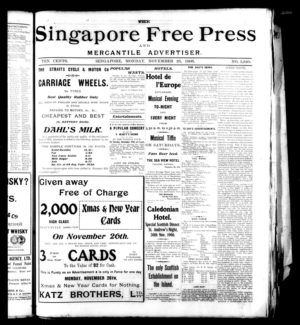 Miniature of Singapore Free Press and Mercantile Advertiser 26 November 1906