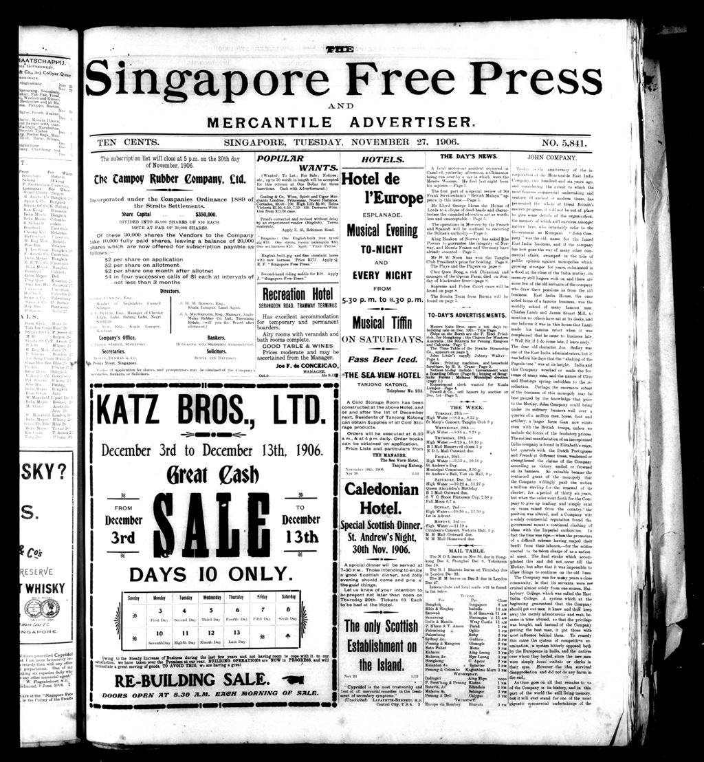 Miniature of Singapore Free Press and Mercantile Advertiser 27 November 1906