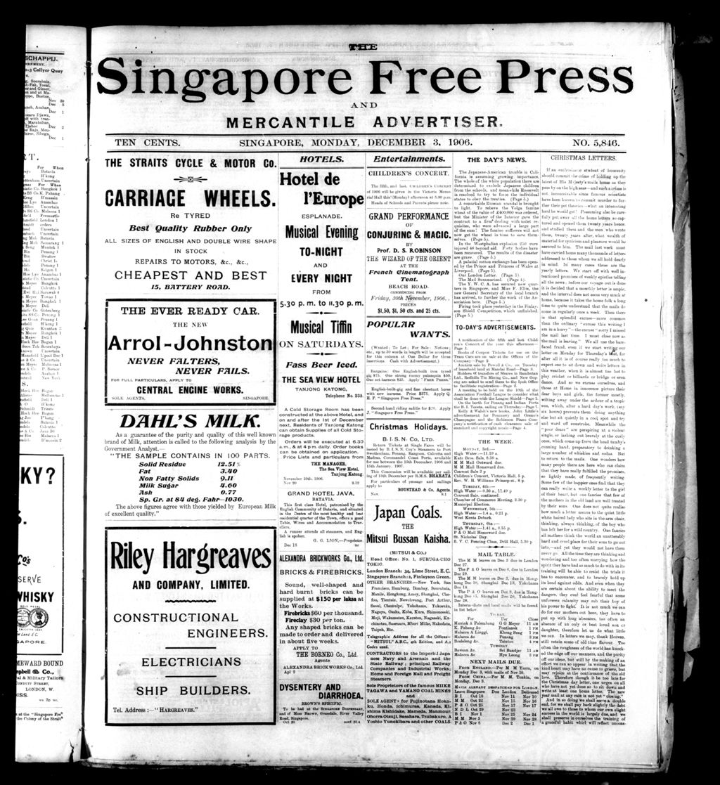 Miniature of Singapore Free Press and Mercantile Advertiser 03 December 1906