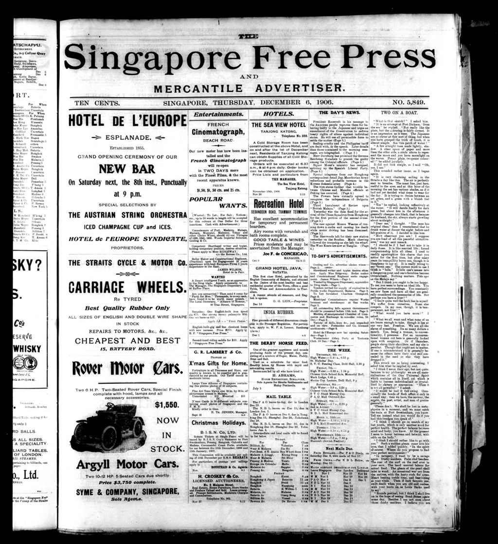 Miniature of Singapore Free Press and Mercantile Advertiser 06 December 1906