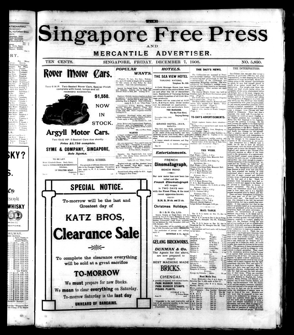 Miniature of Singapore Free Press and Mercantile Advertiser 07 December 1906