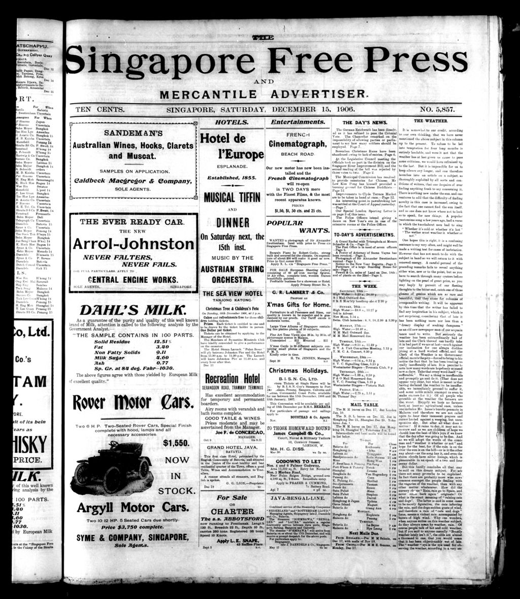 Miniature of Singapore Free Press and Mercantile Advertiser 15 December 1906