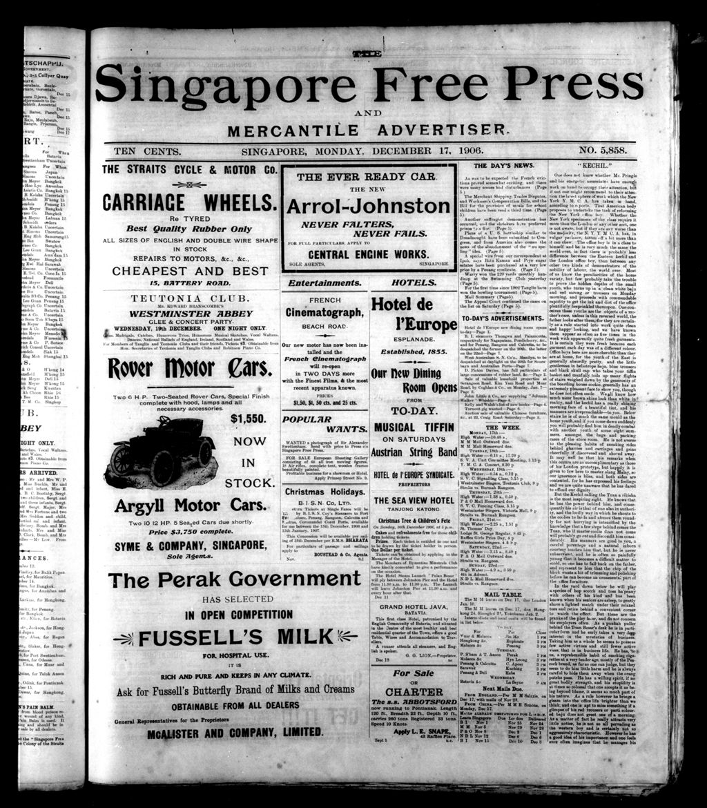 Miniature of Singapore Free Press and Mercantile Advertiser 17 December 1906