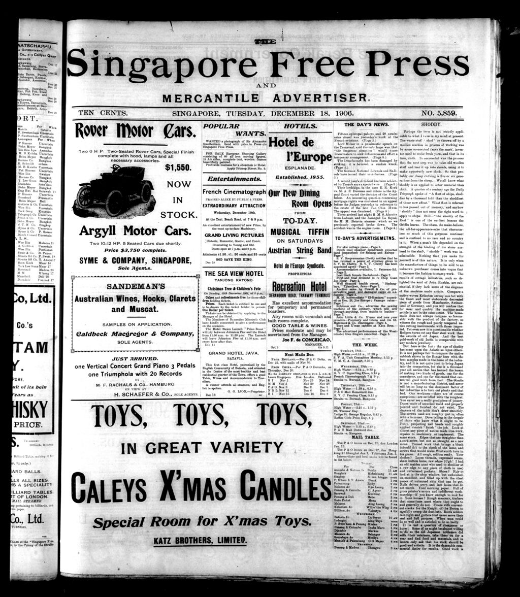 Miniature of Singapore Free Press and Mercantile Advertiser 18 December 1906