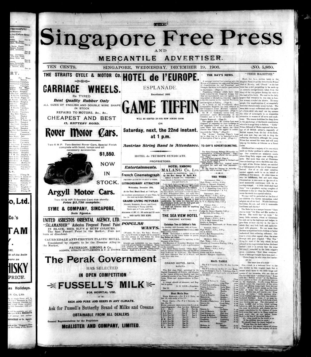 Miniature of Singapore Free Press and Mercantile Advertiser 19 December 1906