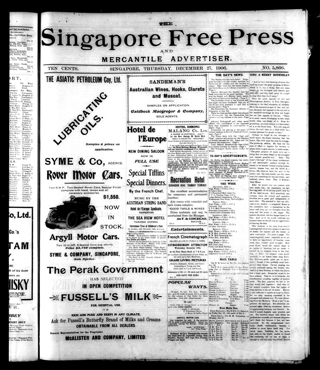 Miniature of Singapore Free Press and Mercantile Advertiser 27 December 1906