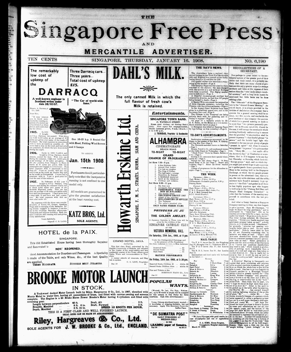 Miniature of Singapore Free Press and Mercantile Advertiser 16 January 1908