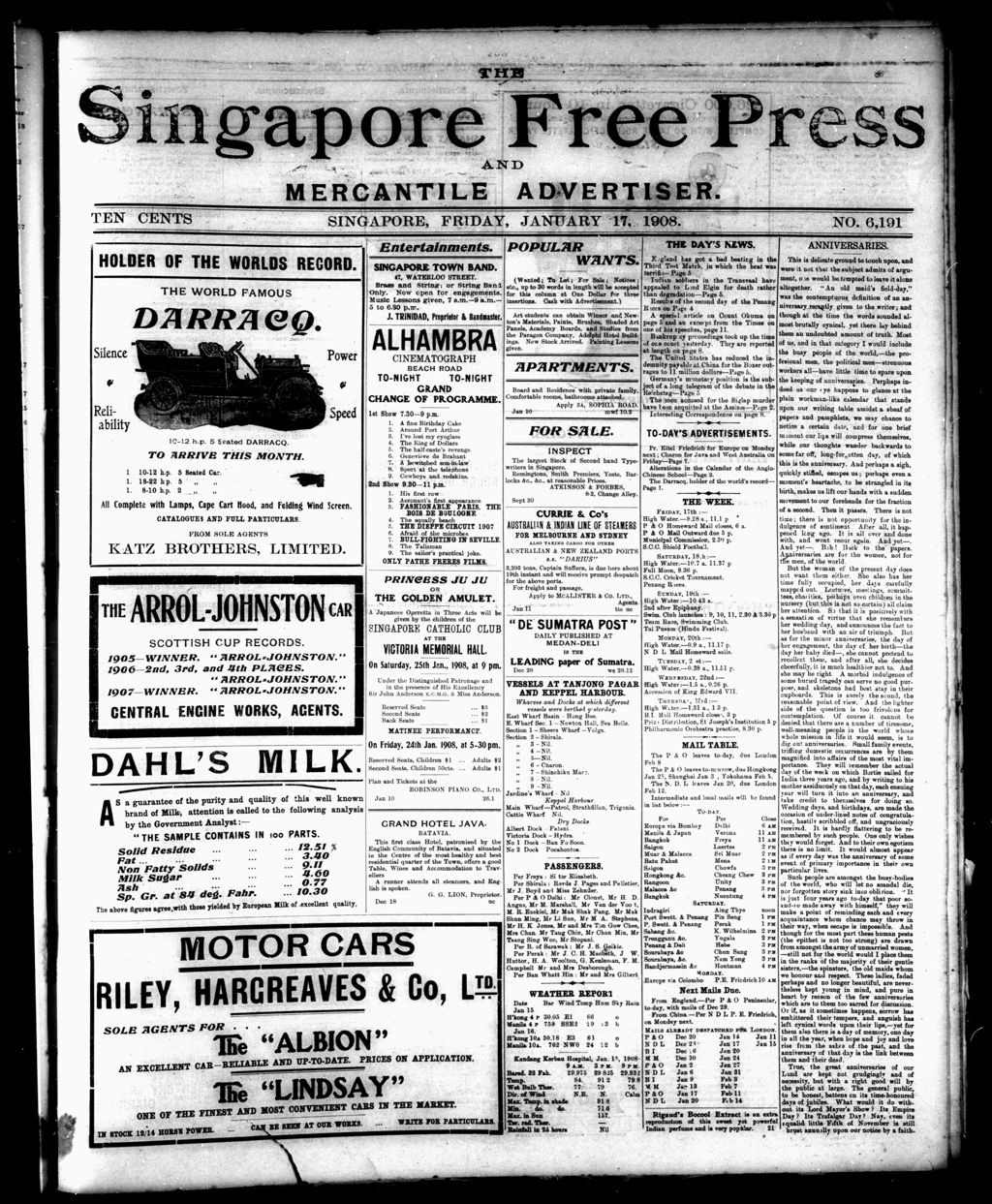 Miniature of Singapore Free Press and Mercantile Advertiser 17 January 1908