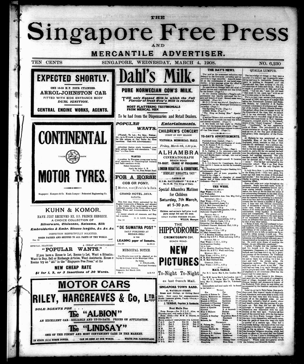 Miniature of Singapore Free Press and Mercantile Advertiser 04 March 1908