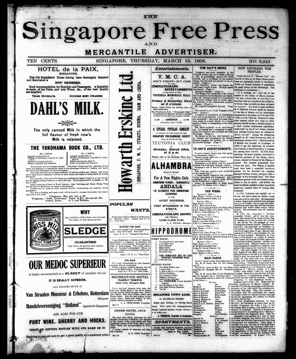 Miniature of Singapore Free Press and Mercantile Advertiser 19 March 1908