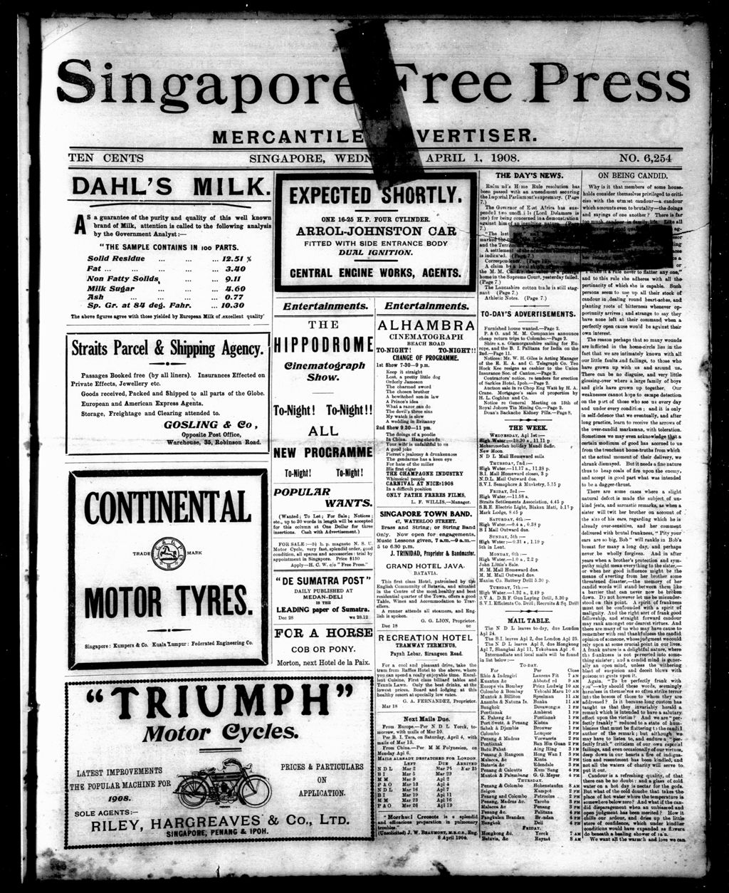 Miniature of Singapore Free Press and Mercantile Advertiser 01 April 1908