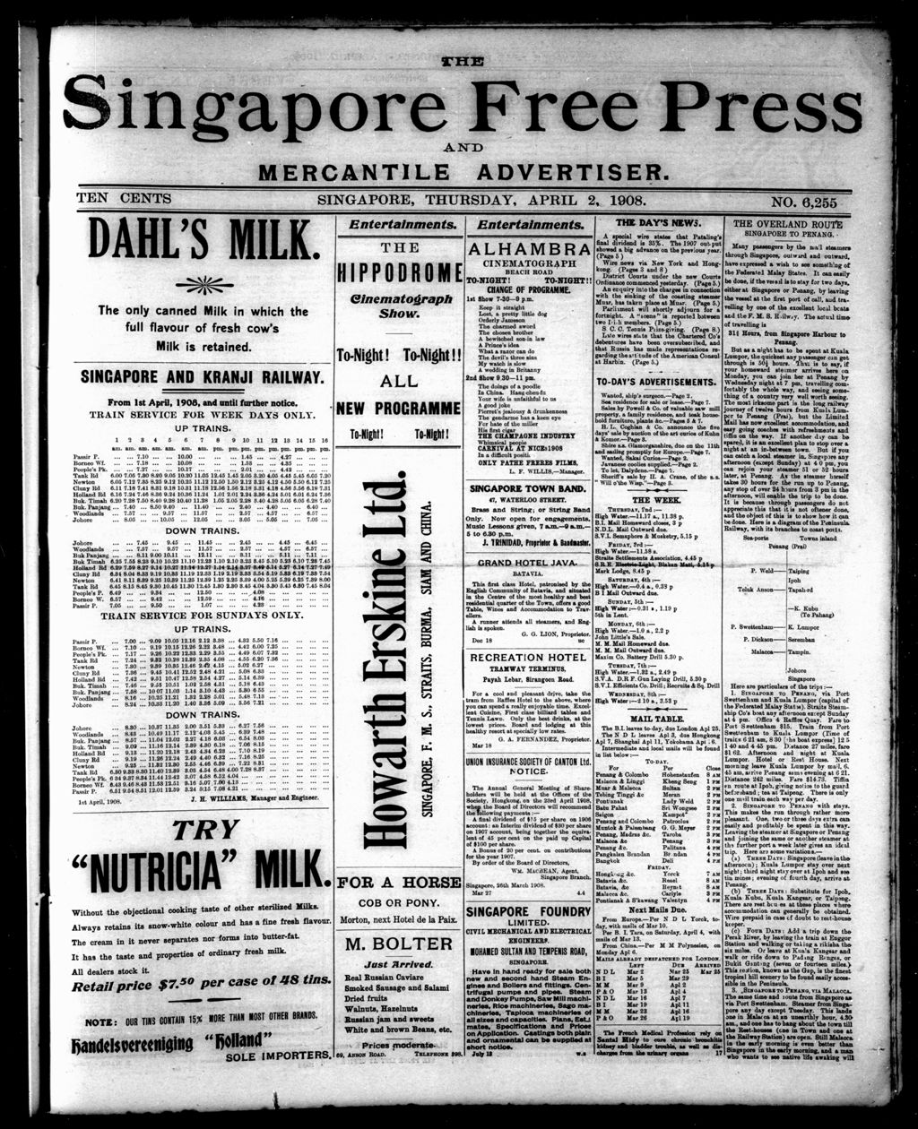 Miniature of Singapore Free Press and Mercantile Advertiser 02 April 1908