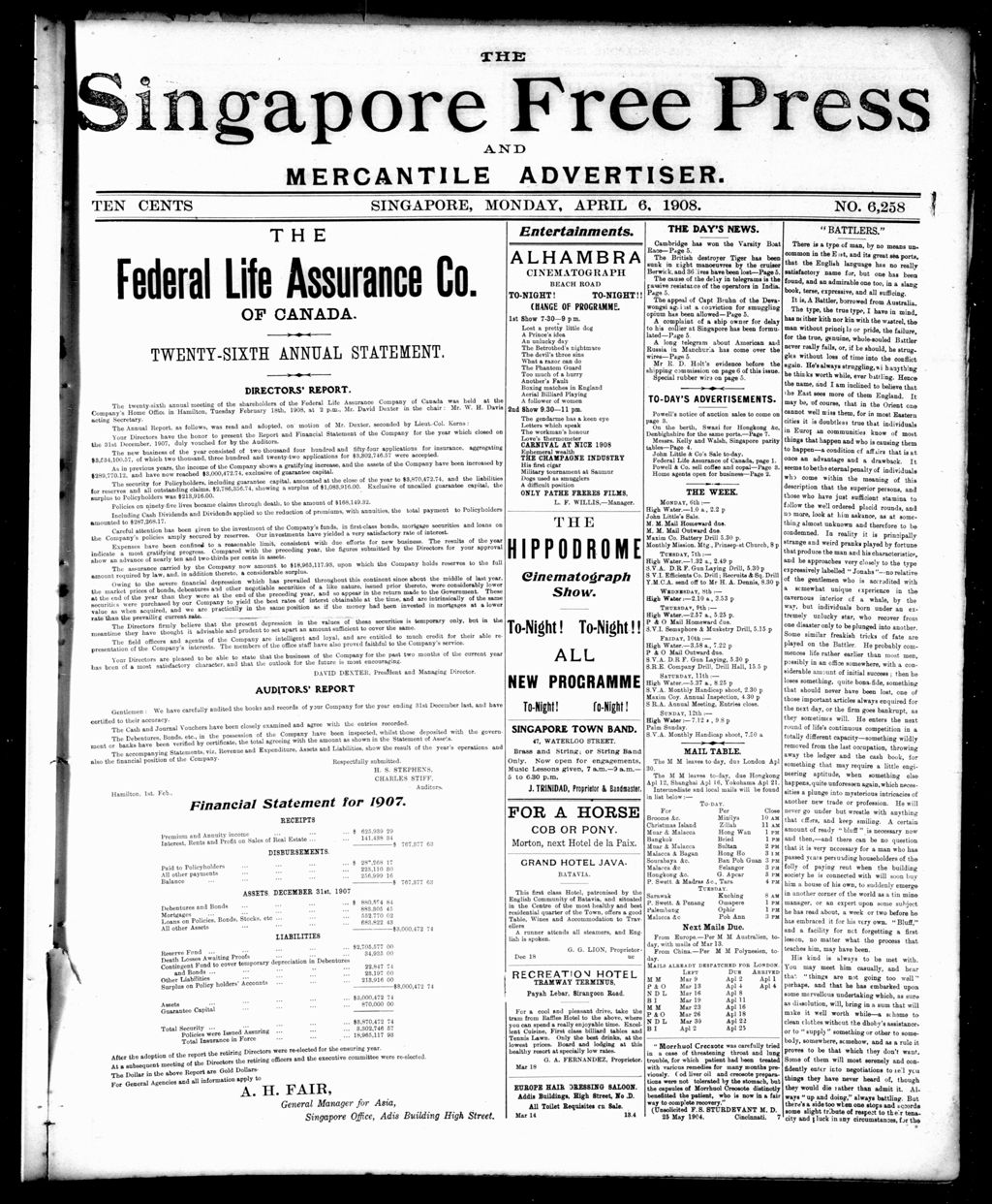 Miniature of Singapore Free Press and Mercantile Advertiser 06 April 1908