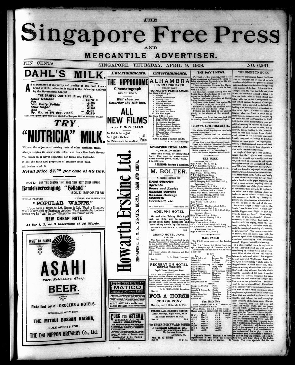 Miniature of Singapore Free Press and Mercantile Advertiser 09 April 1908