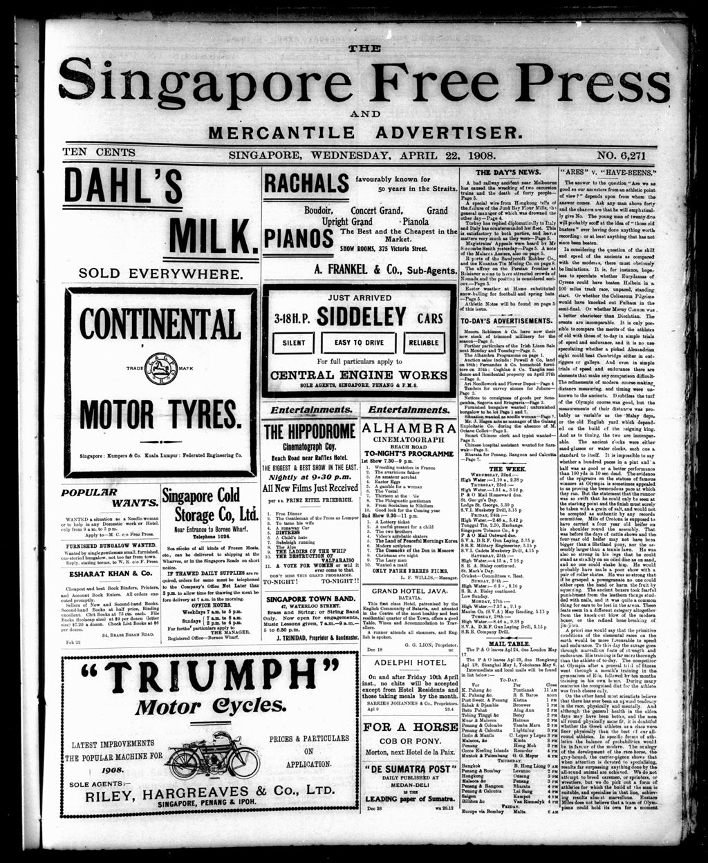 Miniature of Singapore Free Press and Mercantile Advertiser 22 April 1908