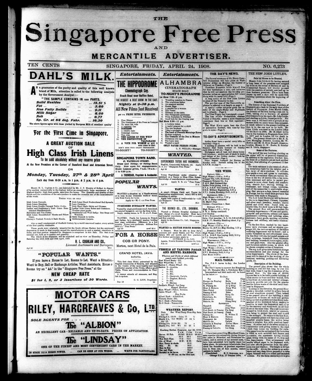 Miniature of Singapore Free Press and Mercantile Advertiser 24 April 1908