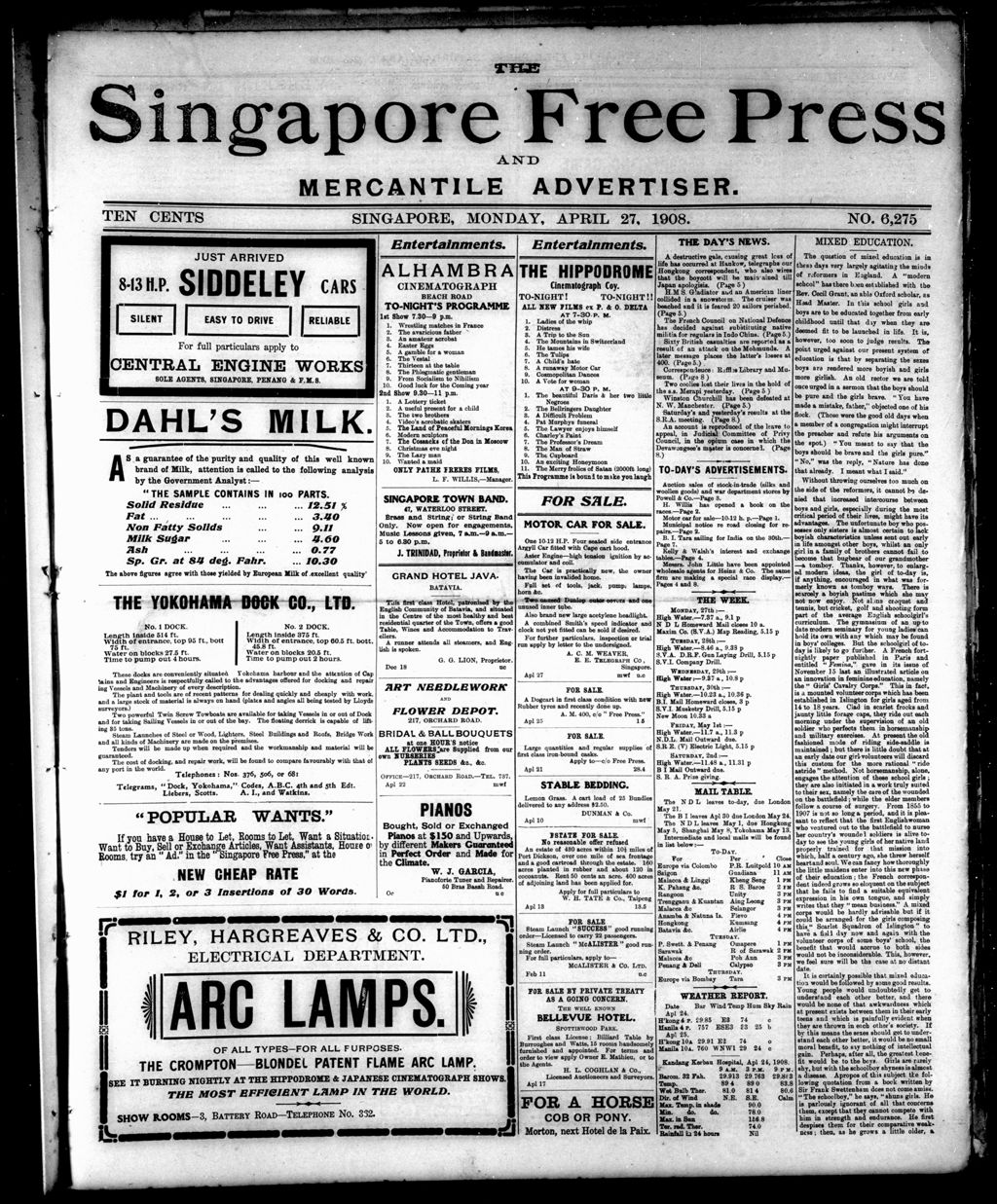 Miniature of Singapore Free Press and Mercantile Advertiser 27 April 1908