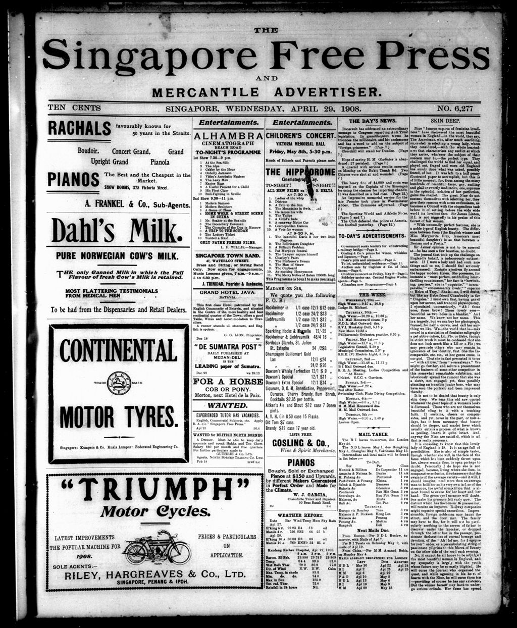 Miniature of Singapore Free Press and Mercantile Advertiser 29 April 1908