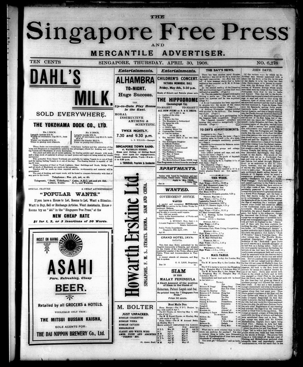 Miniature of Singapore Free Press and Mercantile Advertiser 30 April 1908