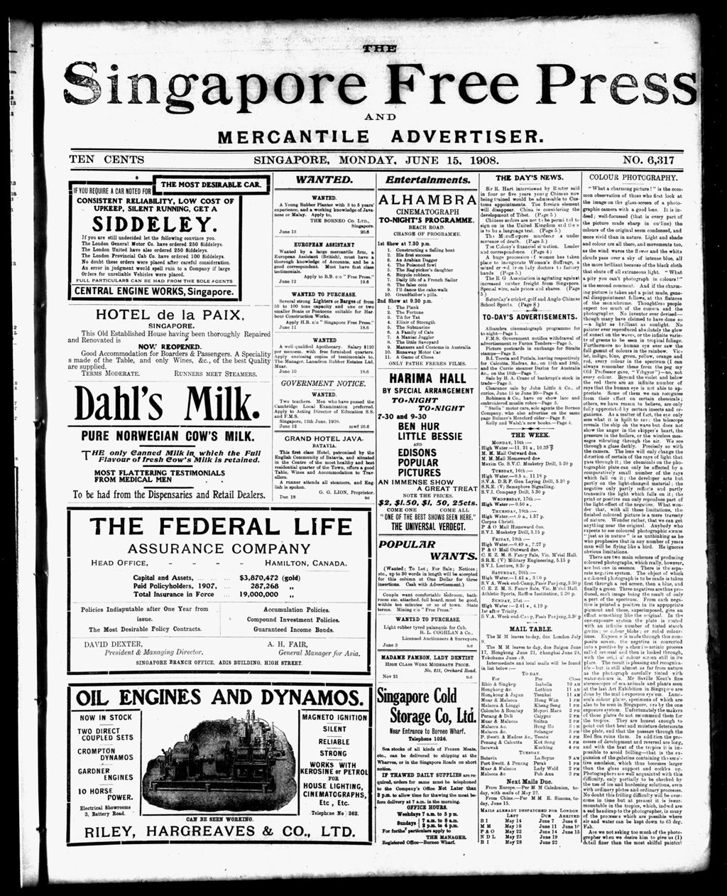 Miniature of Singapore Free Press and Mercantile Advertiser 15 June 1908