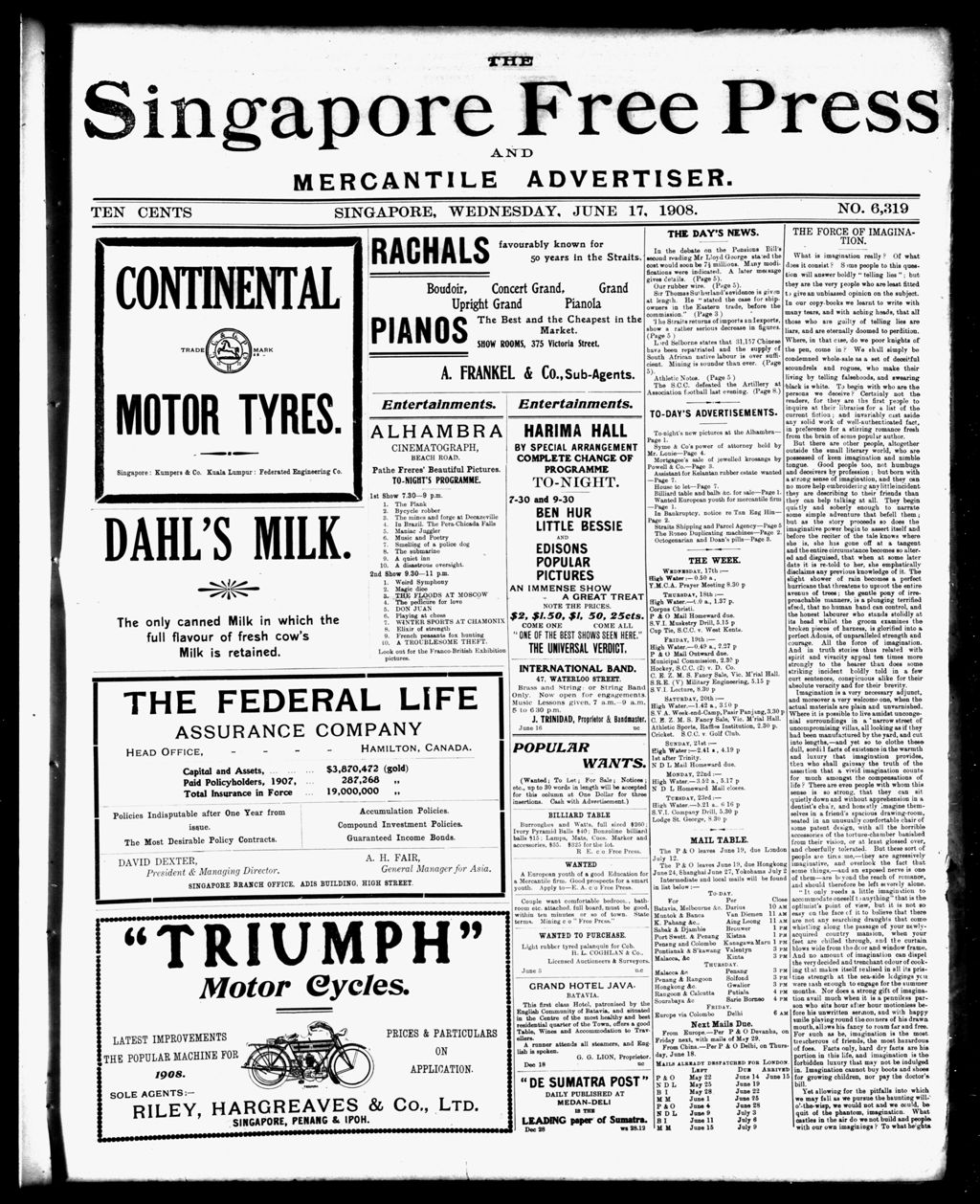 Miniature of Singapore Free Press and Mercantile Advertiser 17 June 1908