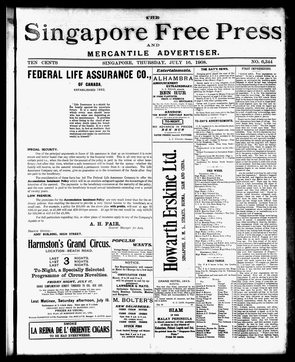 Miniature of Singapore Free Press and Mercantile Advertiser 16 July 1908