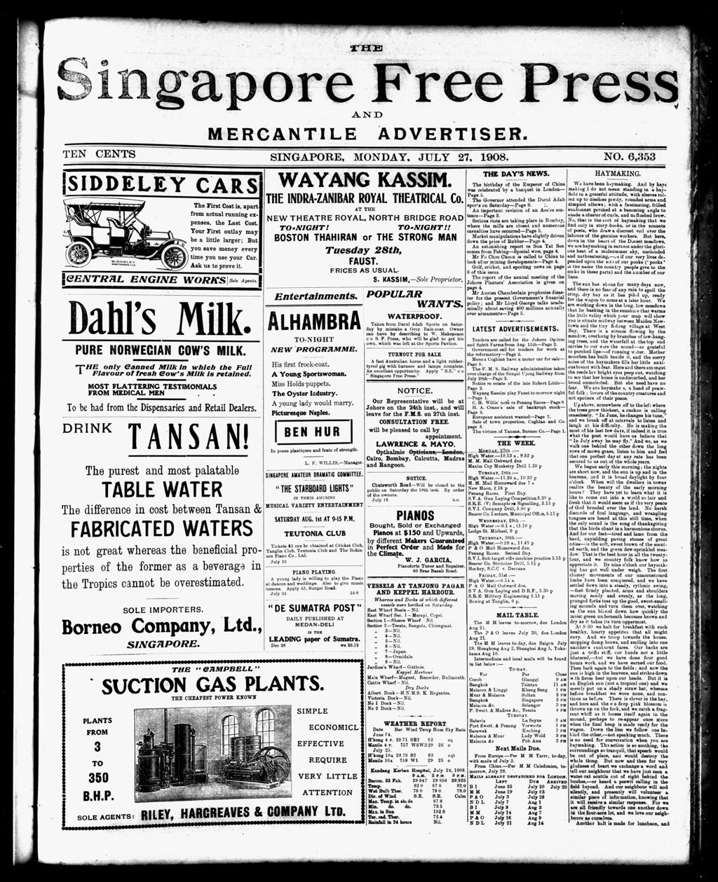 Miniature of Singapore Free Press and Mercantile Advertiser 27 July 1908